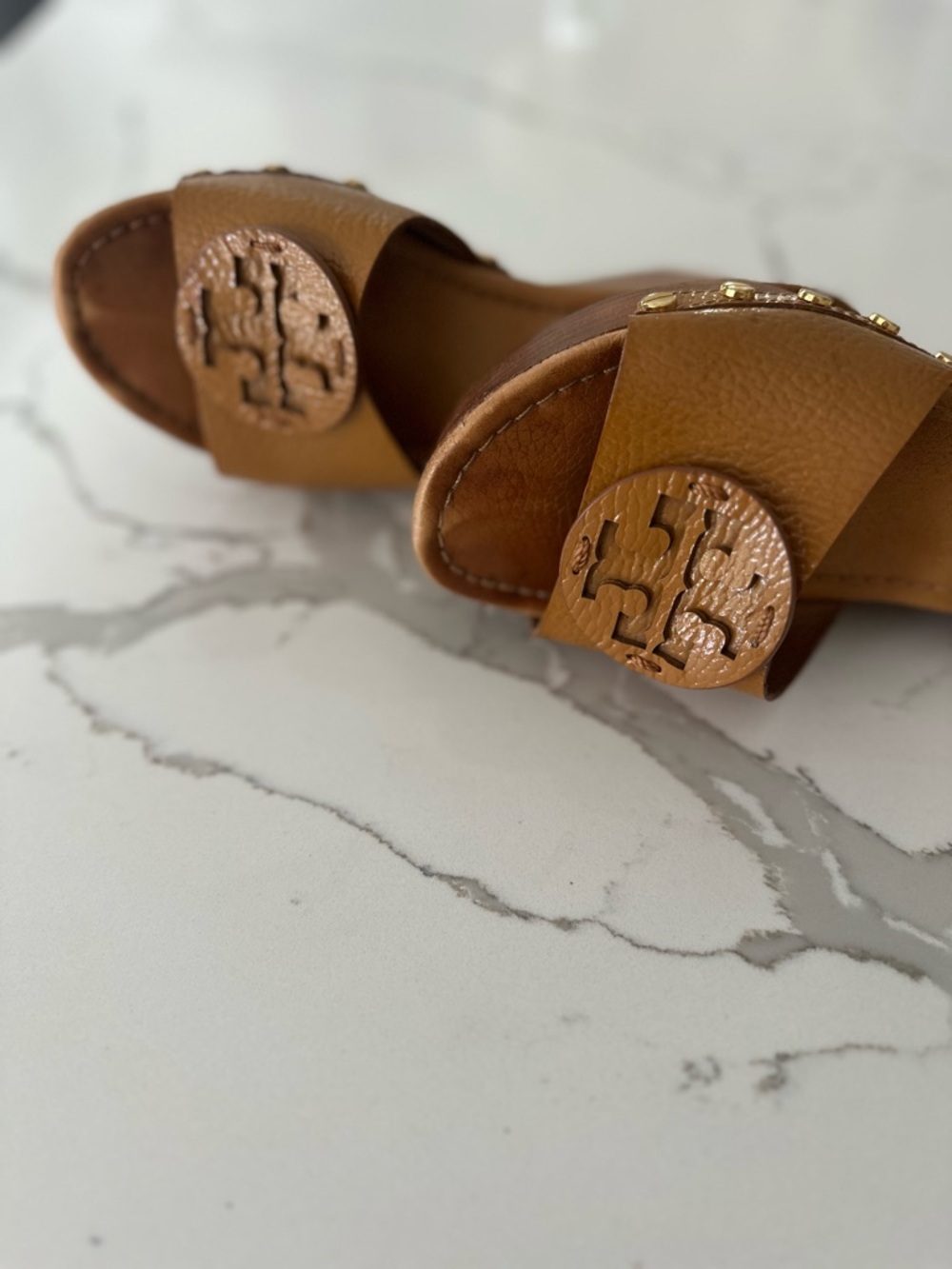 Tory Burch Cognac Leather Logo Slide Sandals